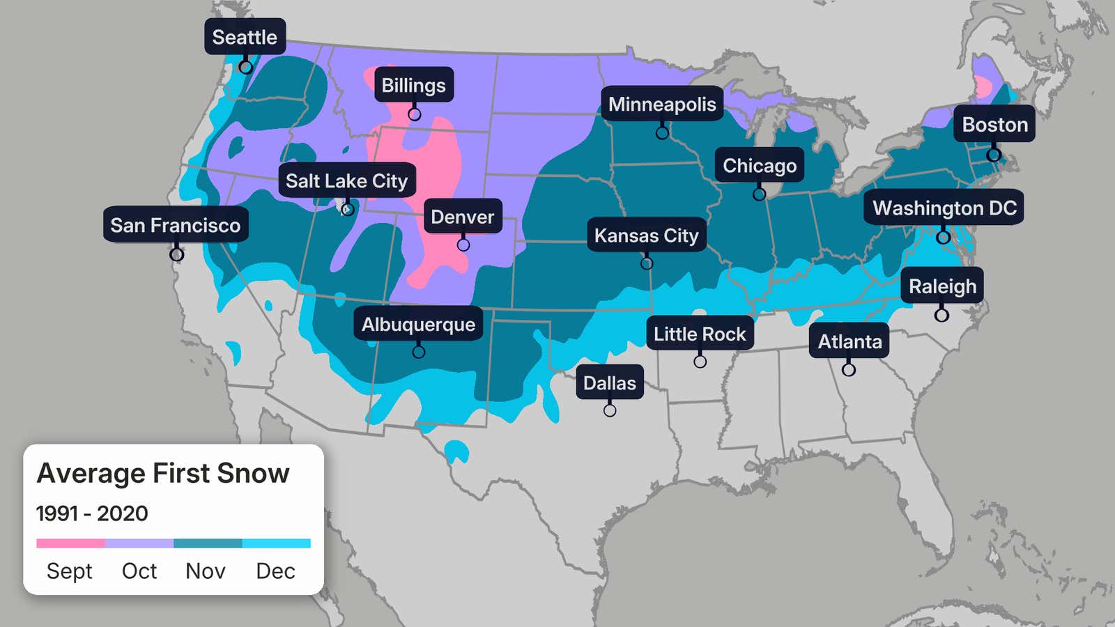 Month of the average first accumulating (0.1 inches or greater) snowfall of the season, according to 30-year average statistics.