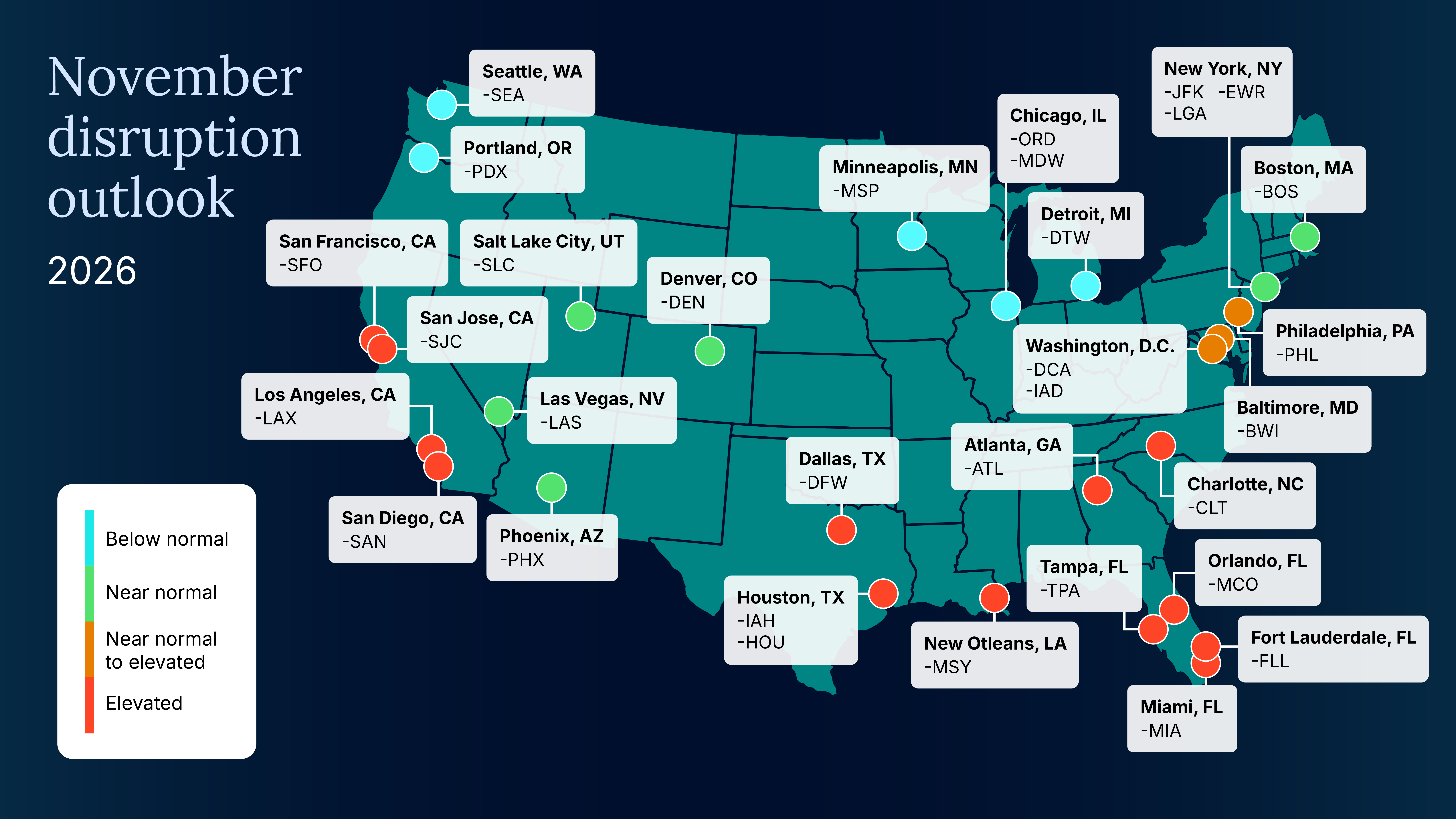 The aviation disruption outlook shows the risk for weather-induced travel delays in different regions across the country. This map only includes major hubs, but all airports in and around each city would have the same rating.