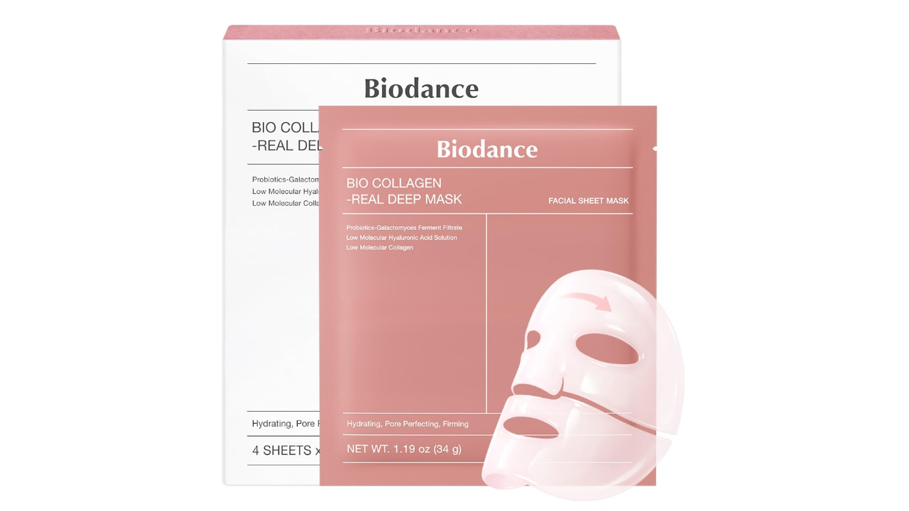 Biodance Bio Collagen Real Deep Mask packaging box with facial sheet mask pouch and transparent mask sheet