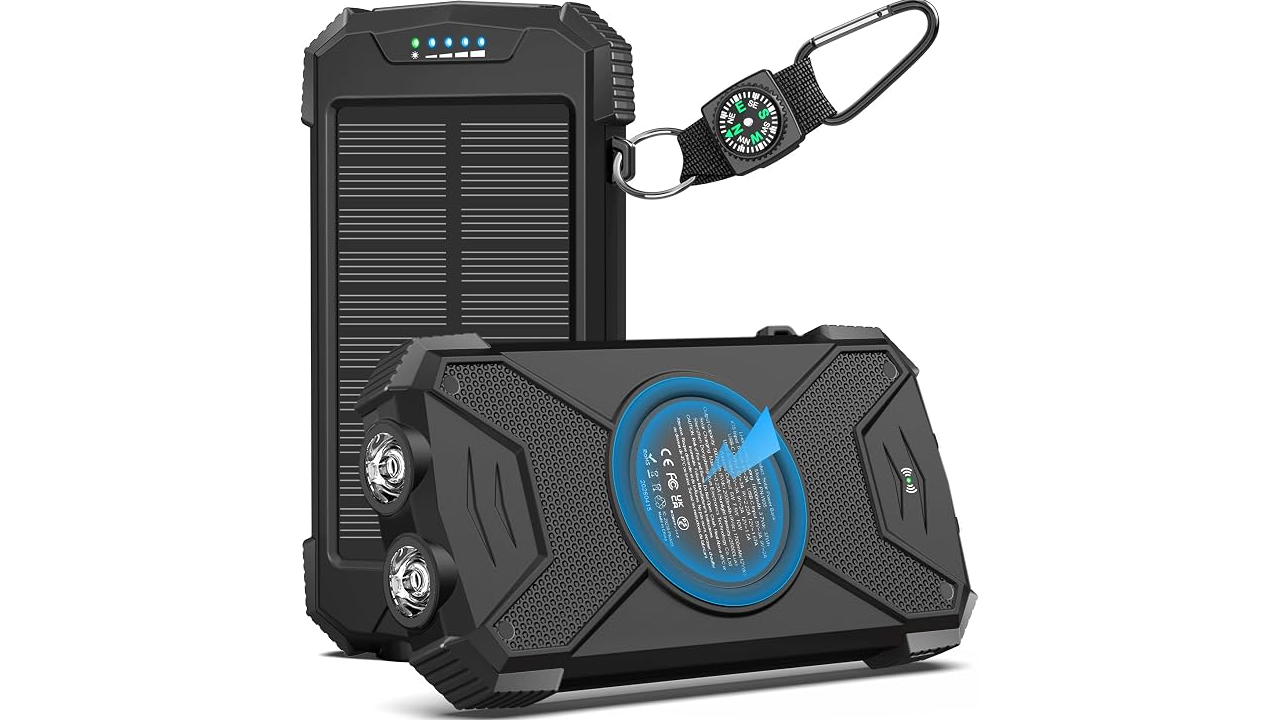 Black rugged solar power bank with LED indicators and attached carabiner compass lanyard