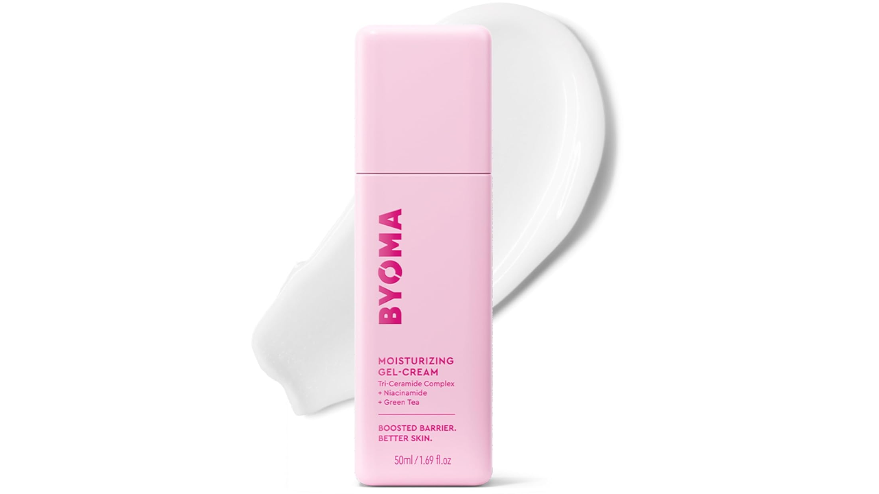 Pink bottle of Byoma Moisturizing Gel-Cream, 50ml, with a white cream swatch background