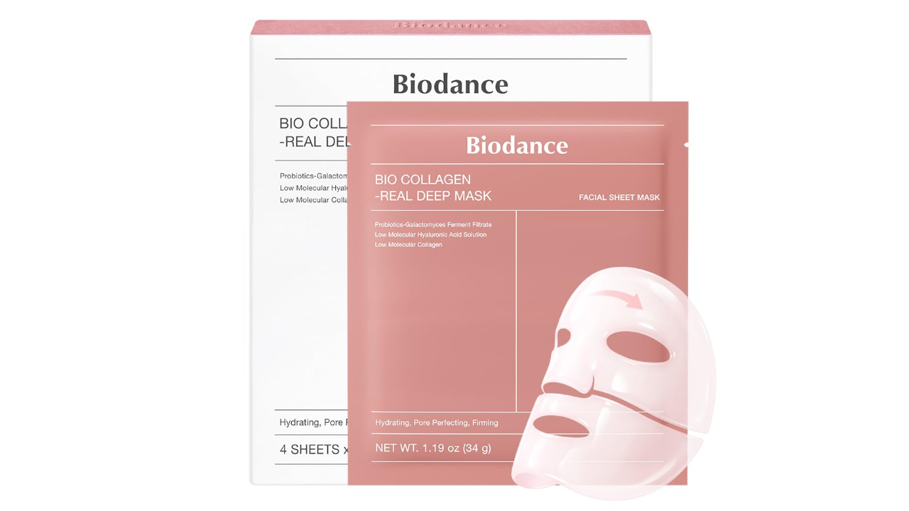 Biodance Bio Collagen Real Deep Mask facial sheet mask package in pink and white with white face mask illustration, 4 sheets, 1.19 oz