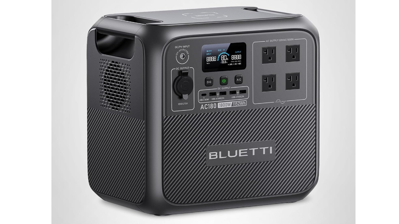 Black BLUETTI AC180 portable power station with LCD display, multiple AC outlets, and ventilation grilles