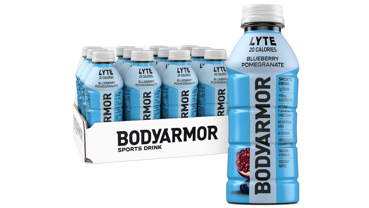 Pack of BODYARMOR Lyte blueberry pomegranate sports drink bottles on a white background
