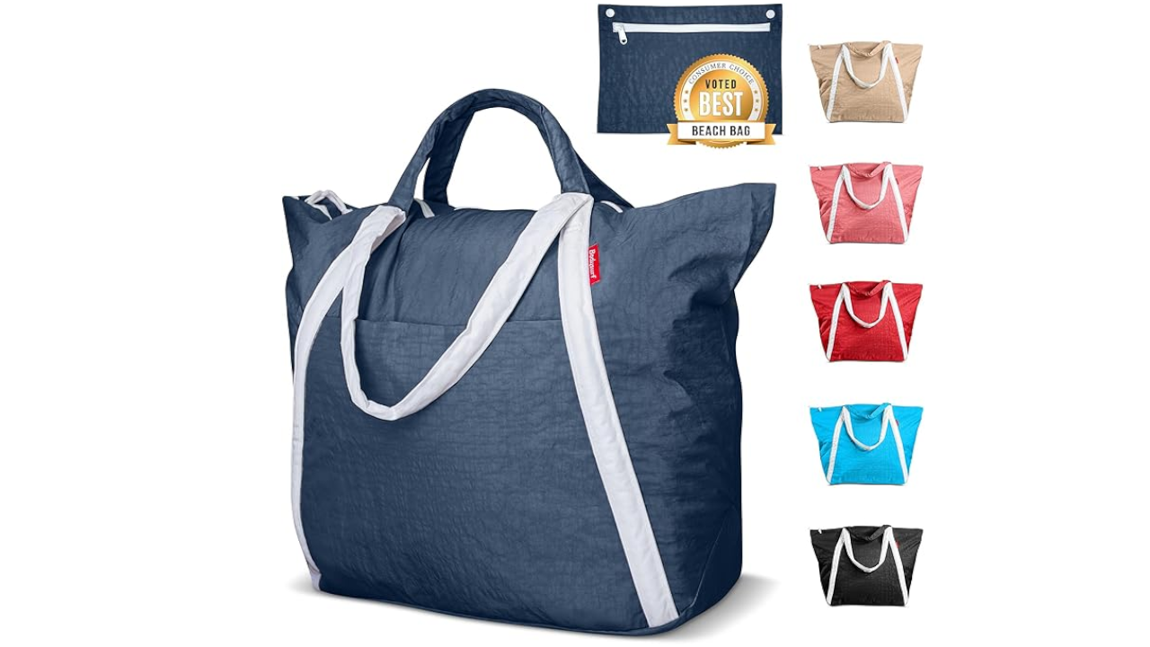 Large navy blue beach bag with white straps and handles, displayed alongside smaller images showing the bag in different colors and a "Voted Best Beach Bag" award badge