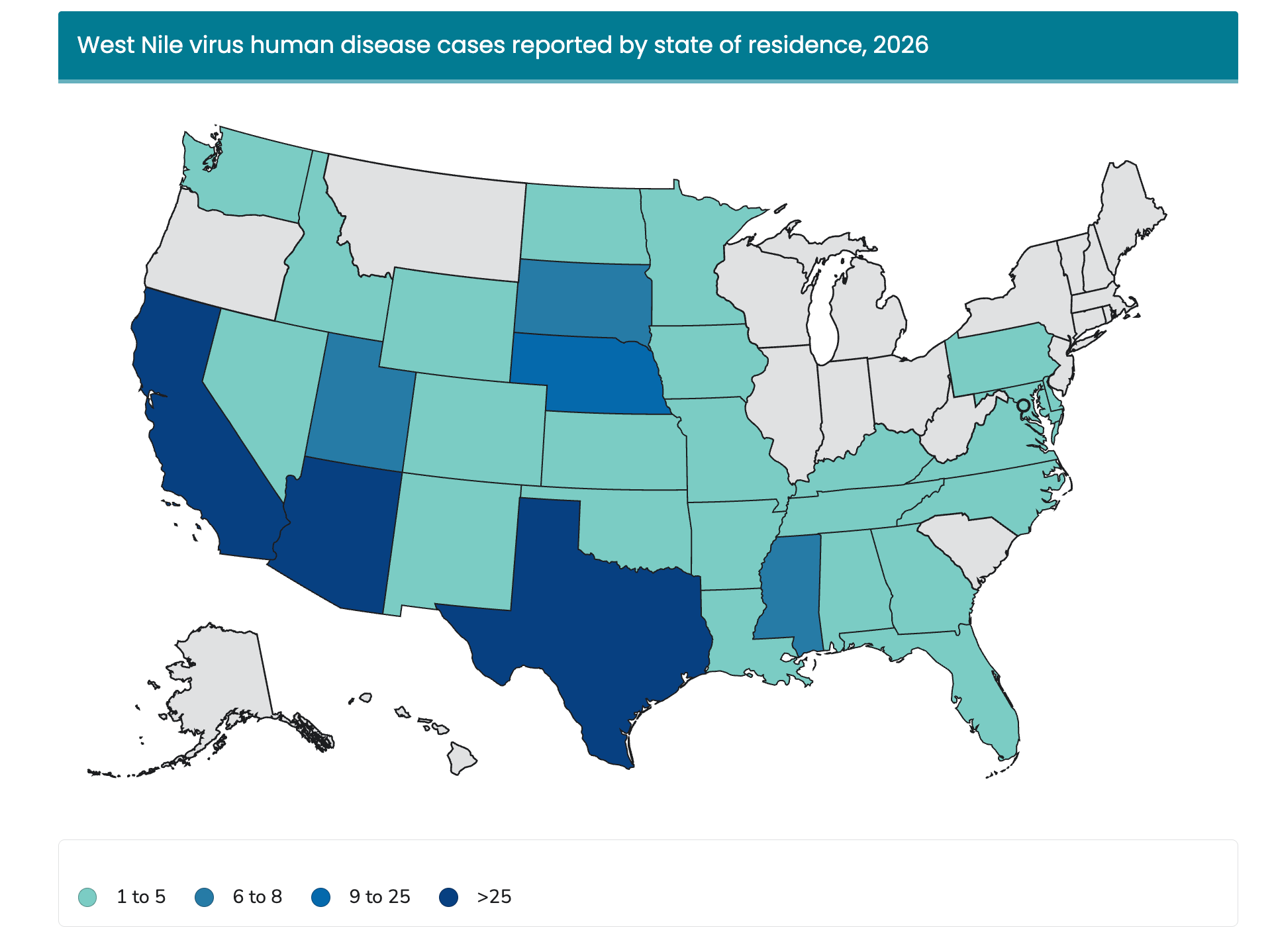 West Nile cases reported by state of residence as of Aug. 18. Arizona, California and Texas are the only states above 25 cases.
