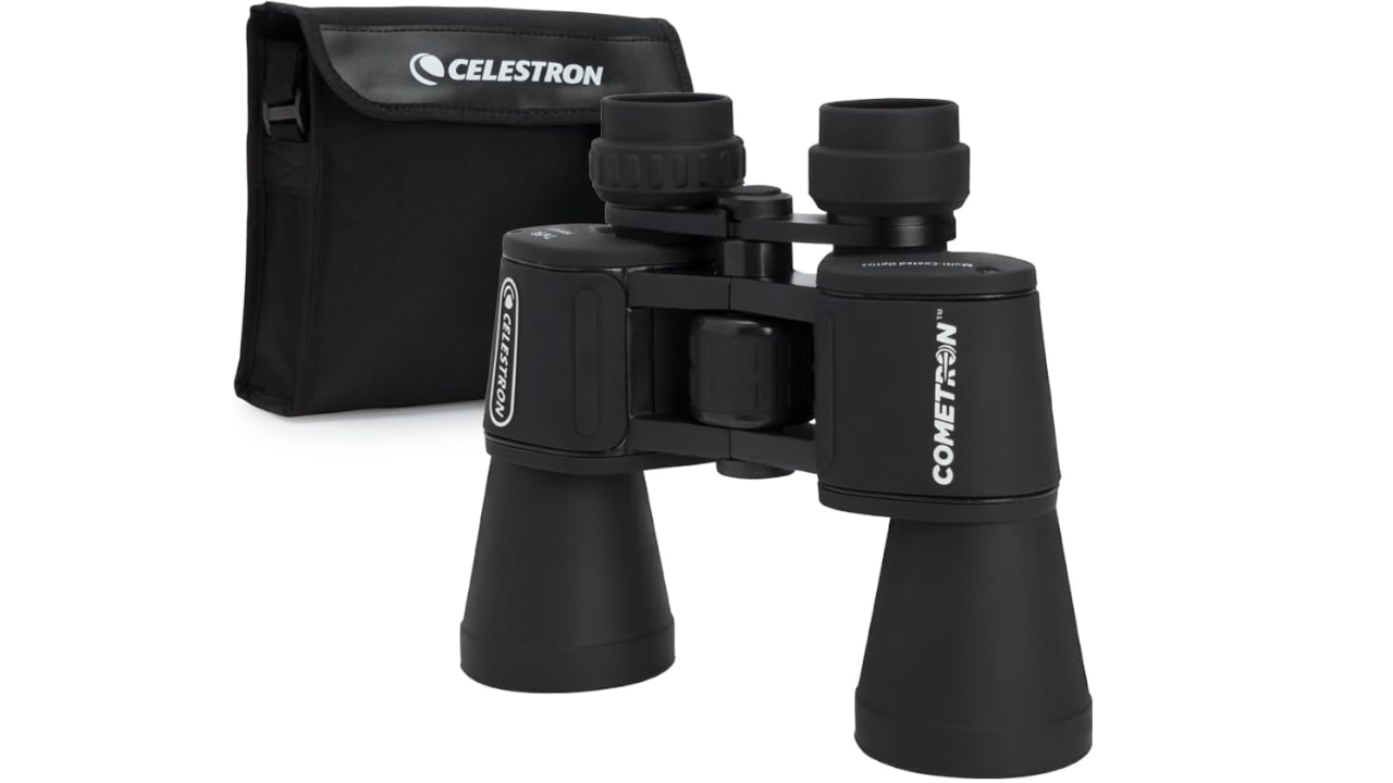 Black Celestron Cometron binoculars with a matching branded carrying case on a white background