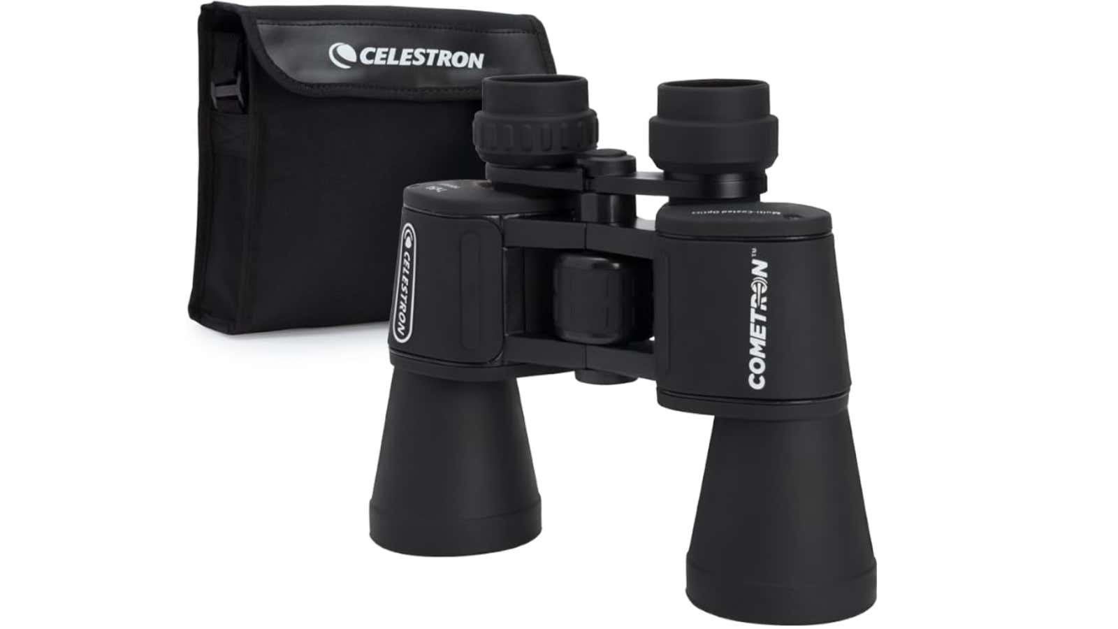 Black Celestron Cometron binoculars with a matching branded carrying case on a white background