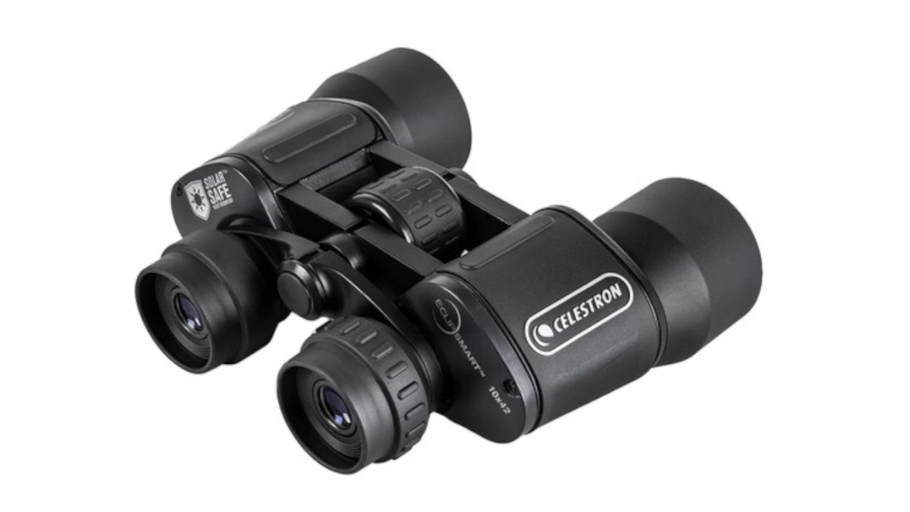 Black Celestron EclipSmart 10x42 solar safe binoculars on a white background