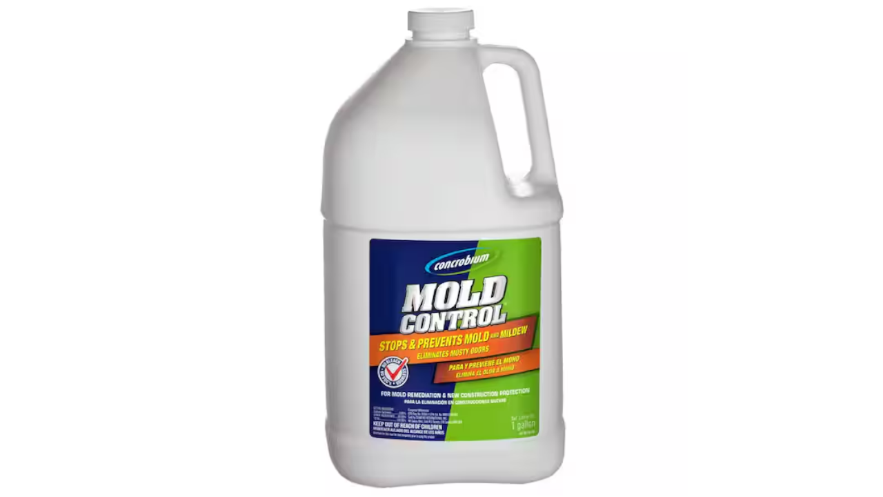 White gallon jug of Mold Control cleaner with handle and green blue label