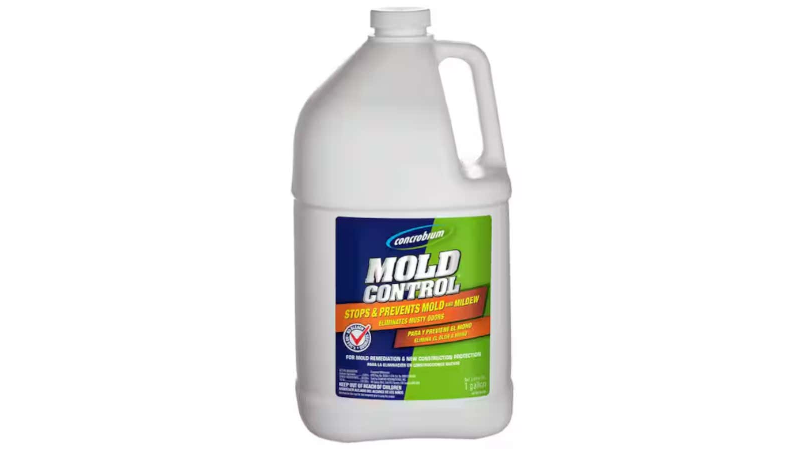 White gallon jug of Mold Control cleaner with handle and green blue label