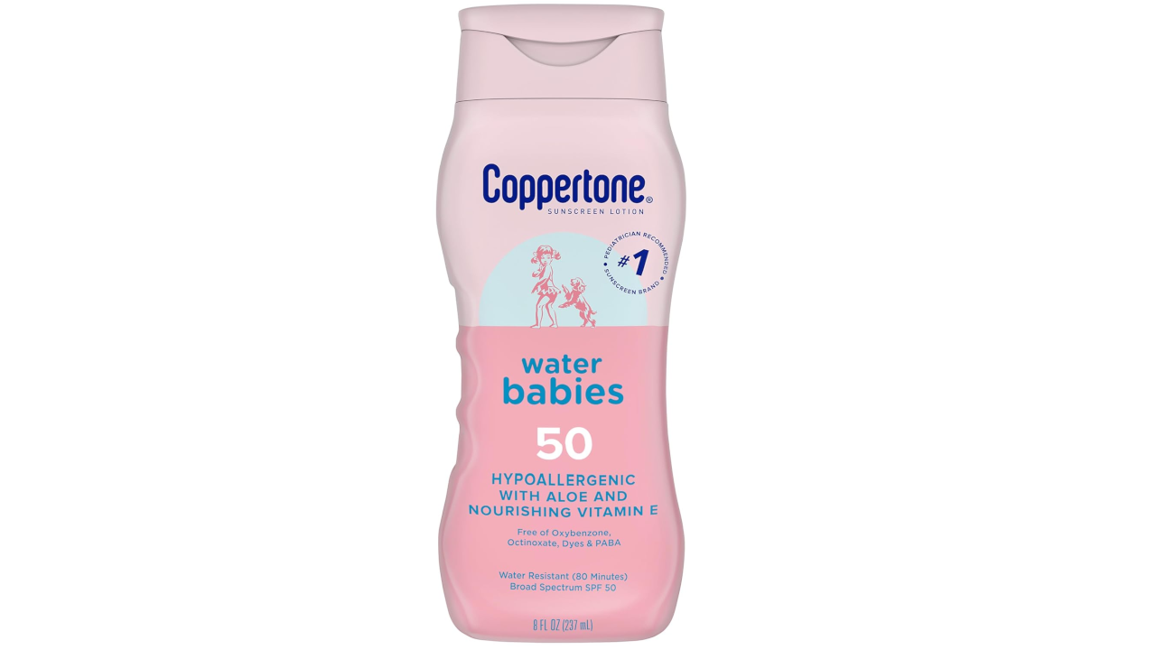 Bottle of Coppertone Water Babies SPF 50 hypoallergenic sunscreen lotion, 8 fl oz