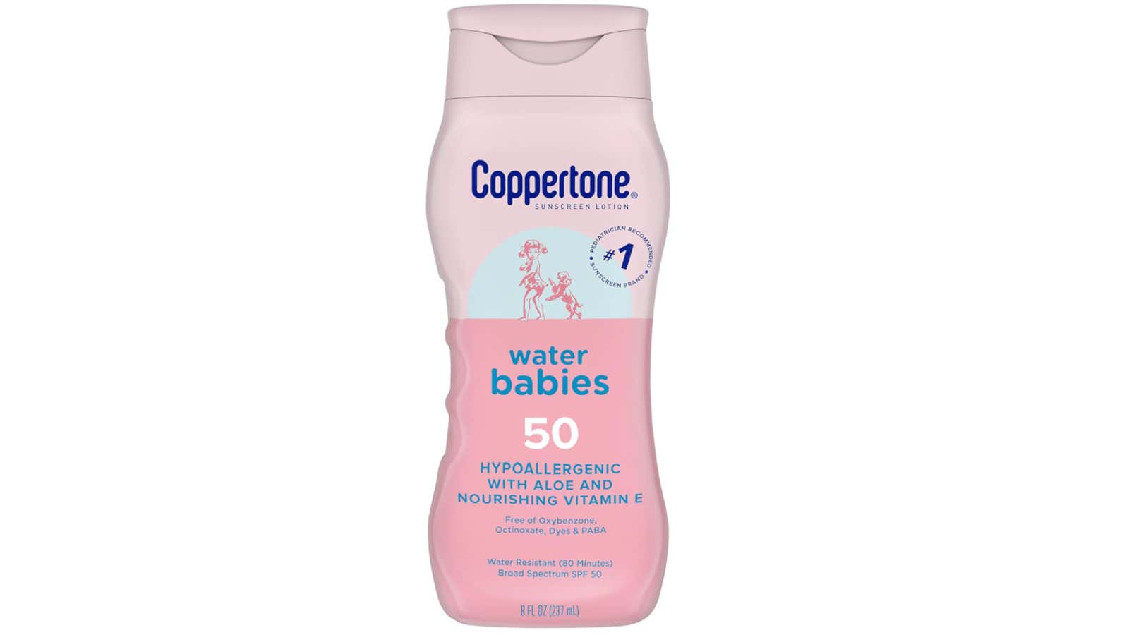 Bottle of Coppertone Water Babies SPF 50 hypoallergenic sunscreen lotion, 8 fl oz