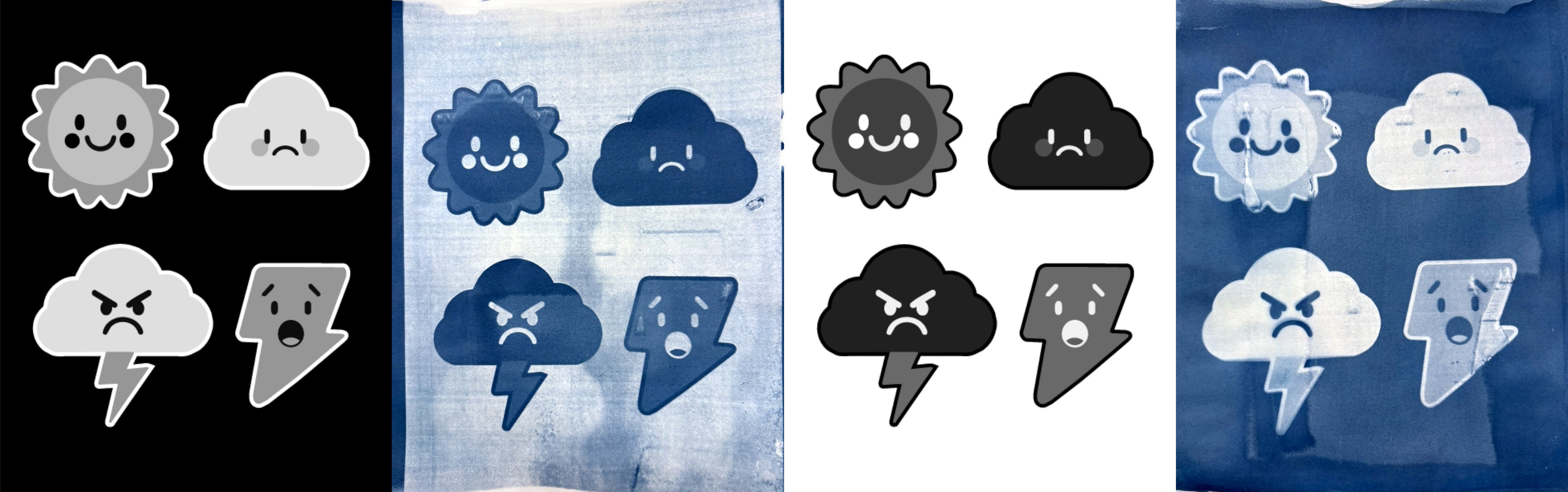 Four versions of cartoon weather icons (sun, cloud, storm cloud, lightning bolt) shown in different color styles including a cyanotype print