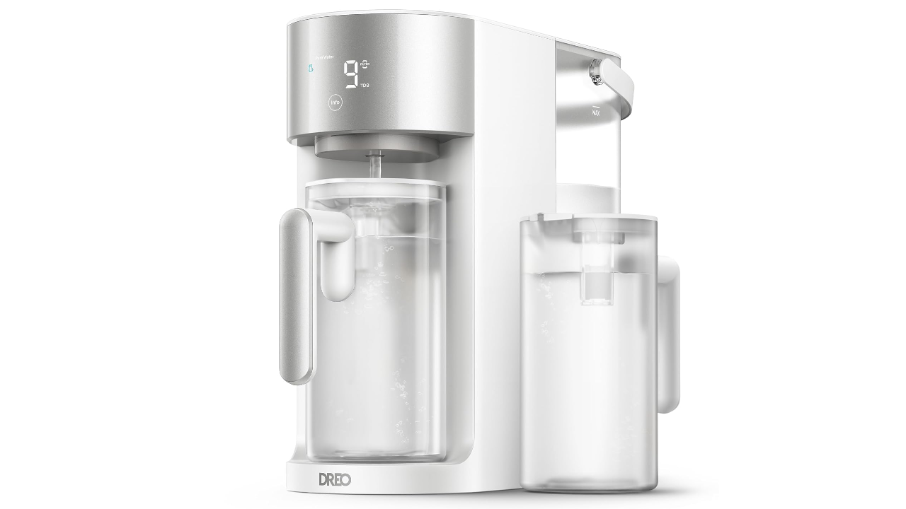 Dreo water filtration system with digital display, internal water pitcher, and removable storage pitcher on white background