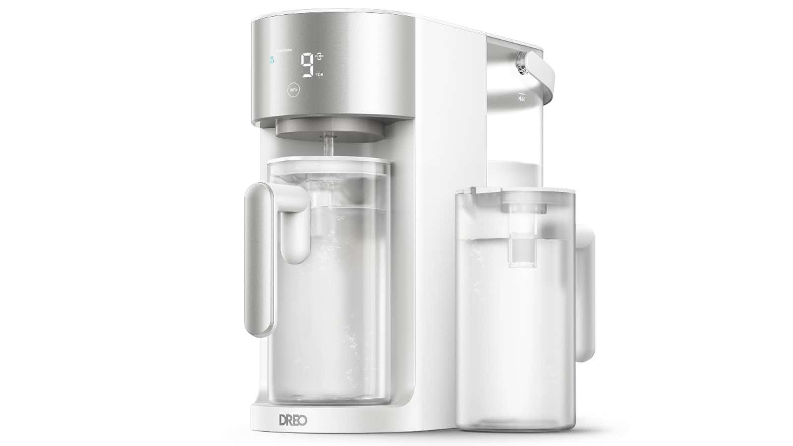 Dreo water filtration system with digital display, internal water pitcher, and removable storage pitcher on white background