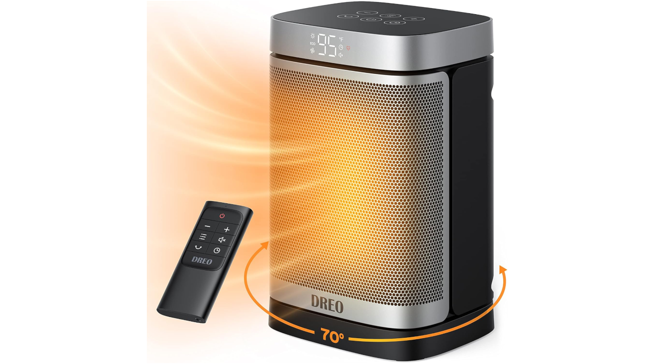 Dreo space heater with digital display, remote control, and orange arrows showing 70-degree oscillation