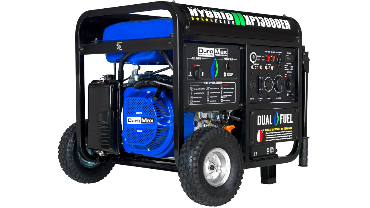 Black portable generator with blue DuroMax engine, control panel, and wheels labeled as dual fuel hybrid model XP13000EH