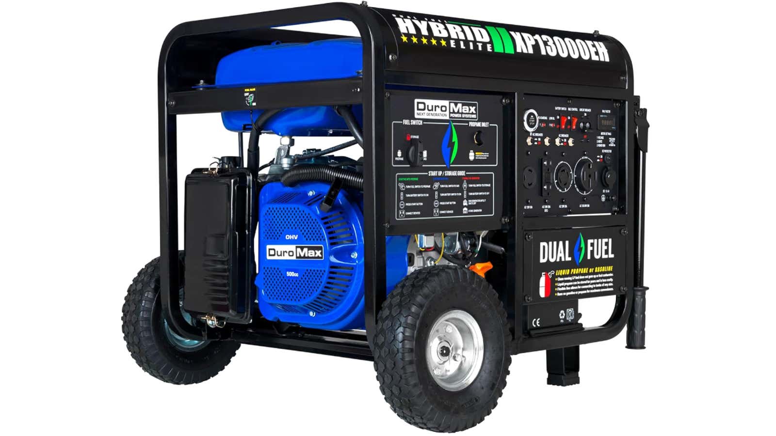 Black portable generator with blue DuroMax engine, control panel, and wheels labeled as dual fuel hybrid model XP13000EH