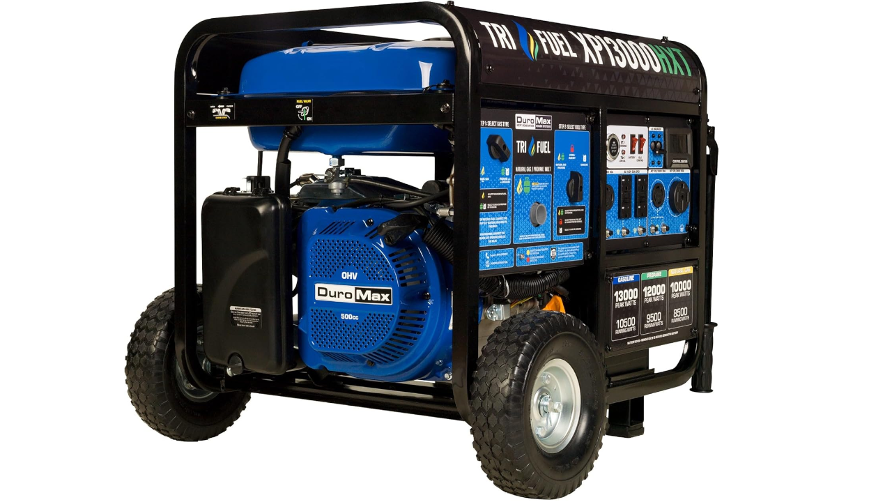 Blue and black portable generator on wheels with control panel and "TRI FUEL XP13000EHT" branding