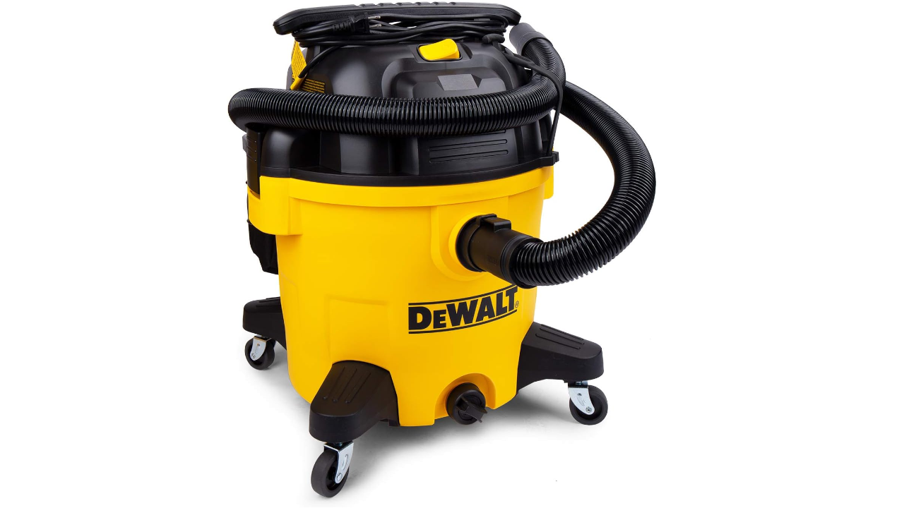 Yellow and black DeWALT wet dry shop vacuum with hose and wheels