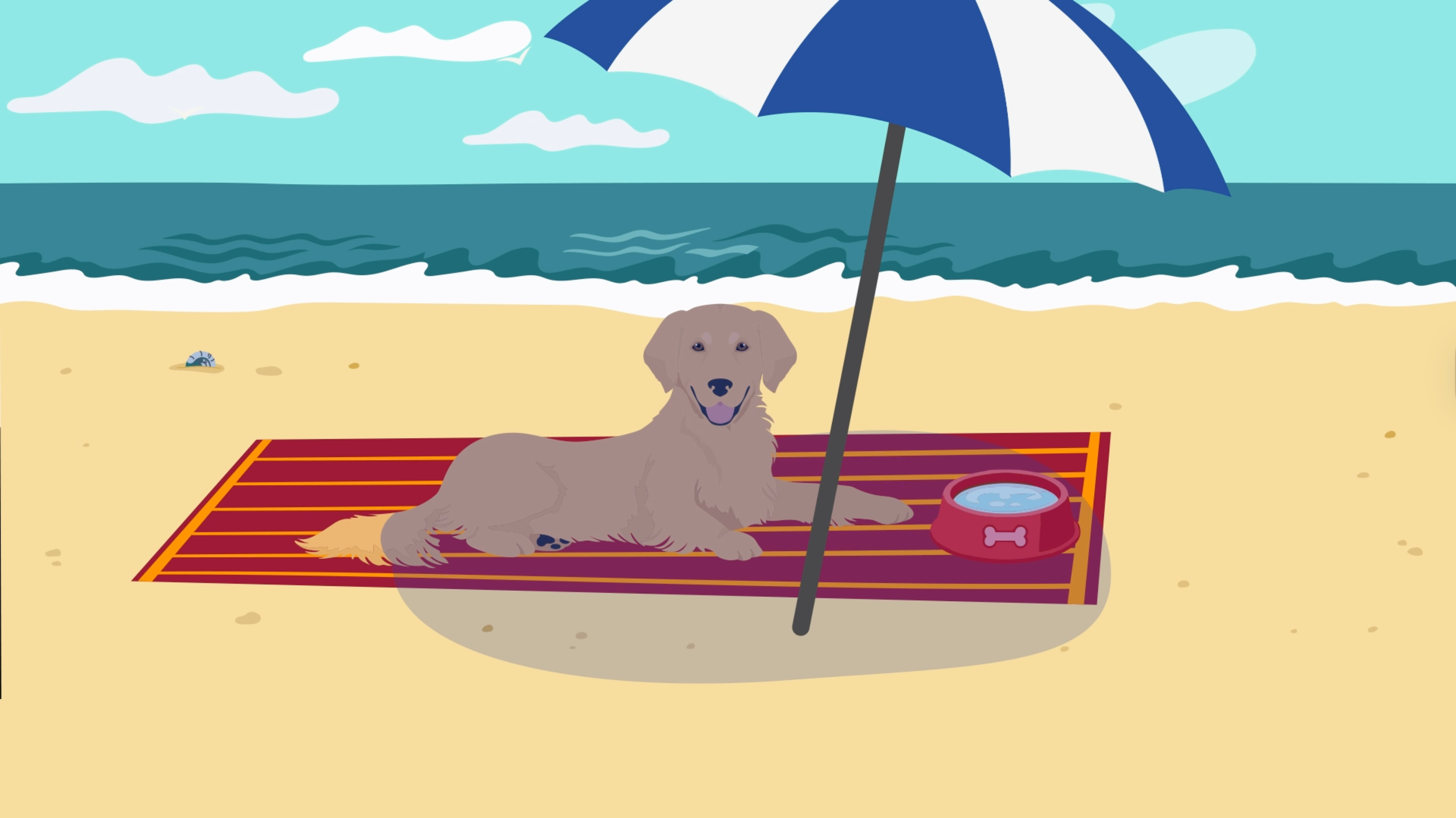 Golden retriever sitting on striped beach blanket under blue and white umbrella with water bowl beside ocean waves