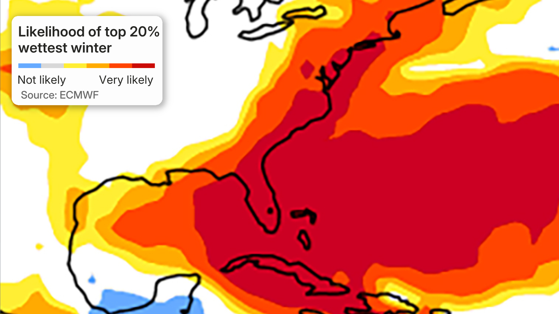 Map showing high likelihood of top 20% wettest winter across the southeastern US and Caribbean
