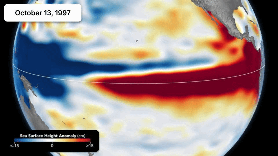 Satellite map of Pacific Ocean sea surface height anomaly on October 13, 1997, showing red El Ni&ntilde;o warming near the equator