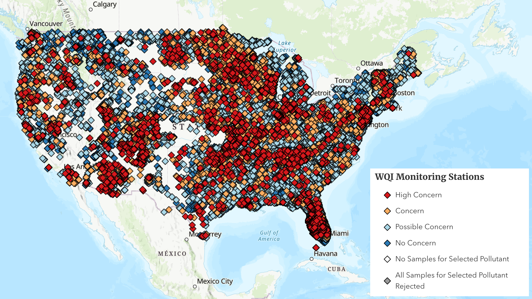 Map of North America showing WQI monitoring stations with color-coded diamond markers indicating water quality concern levels from high concern (red) to no concern (blue) across the United States