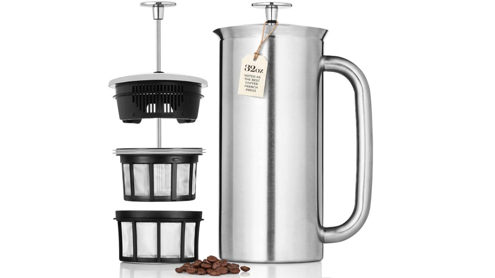 Stainless steel 32oz French press coffee maker with disassembled filter components and coffee beans
