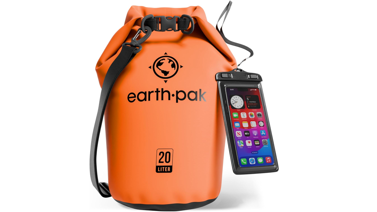 Orange waterproof Earth Pak dry bag with 20 liter capacity and attached waterproof phone case displaying smartphone screen