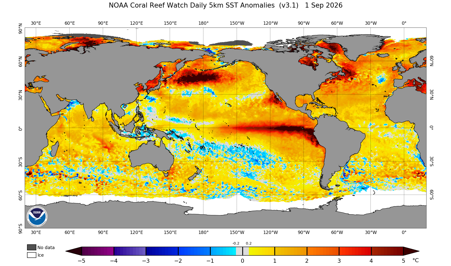 As of September 1, 2026, this is a map of sea surface anomalies. Given the strengthening El Ni&ntilde;o, we observe warmer than average ocean temperatures in the Equatorial Pacific. 