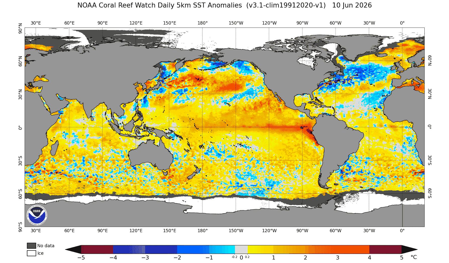 World map showing NOAA Coral Reef Watch daily sea surface temperature anomalies for June 10, 2026, with a color-coded scale from -5 to 5&deg;C