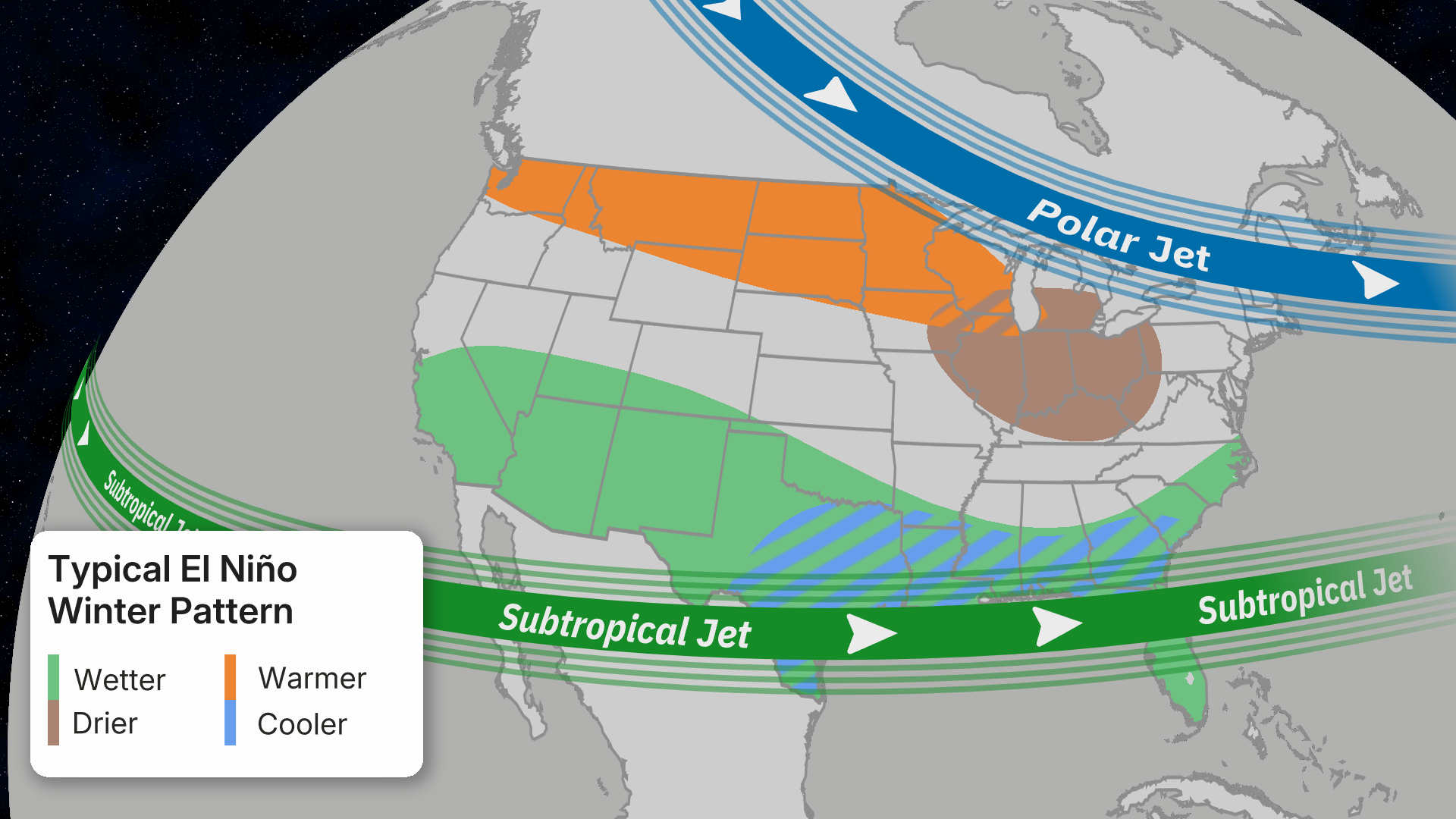 Map showing typical El Ni&ntilde;o winter weather patterns across North America with polar and subtropical jet streams, colored regions indicating wetter, warmer, drier, and cooler conditions