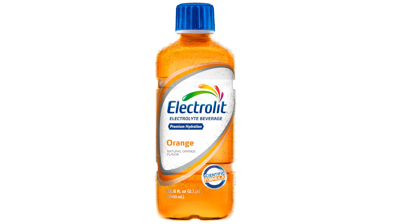 Orange Electrolit electrolyte beverage bottle with blue cap on white background