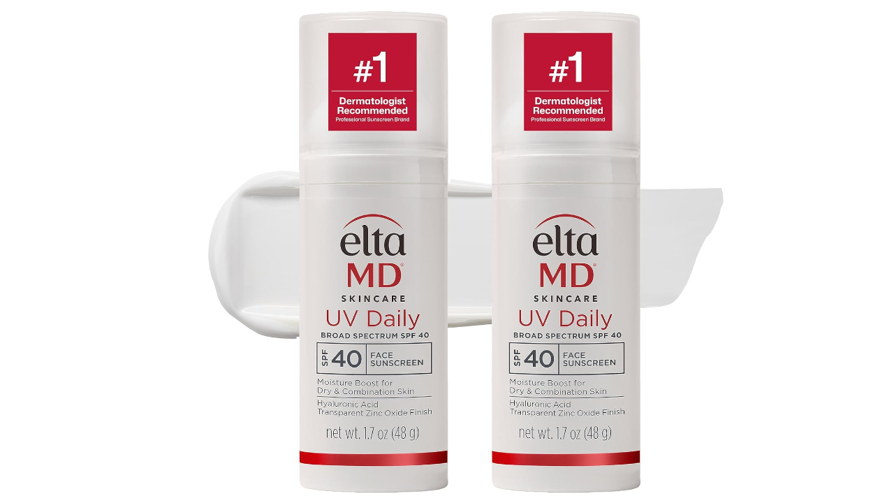 Two bottles of EltaMD UV Daily SPF 40 sunscreen with "#1 Dermatologist Recommended" labels positioned in front of a white coffee mug