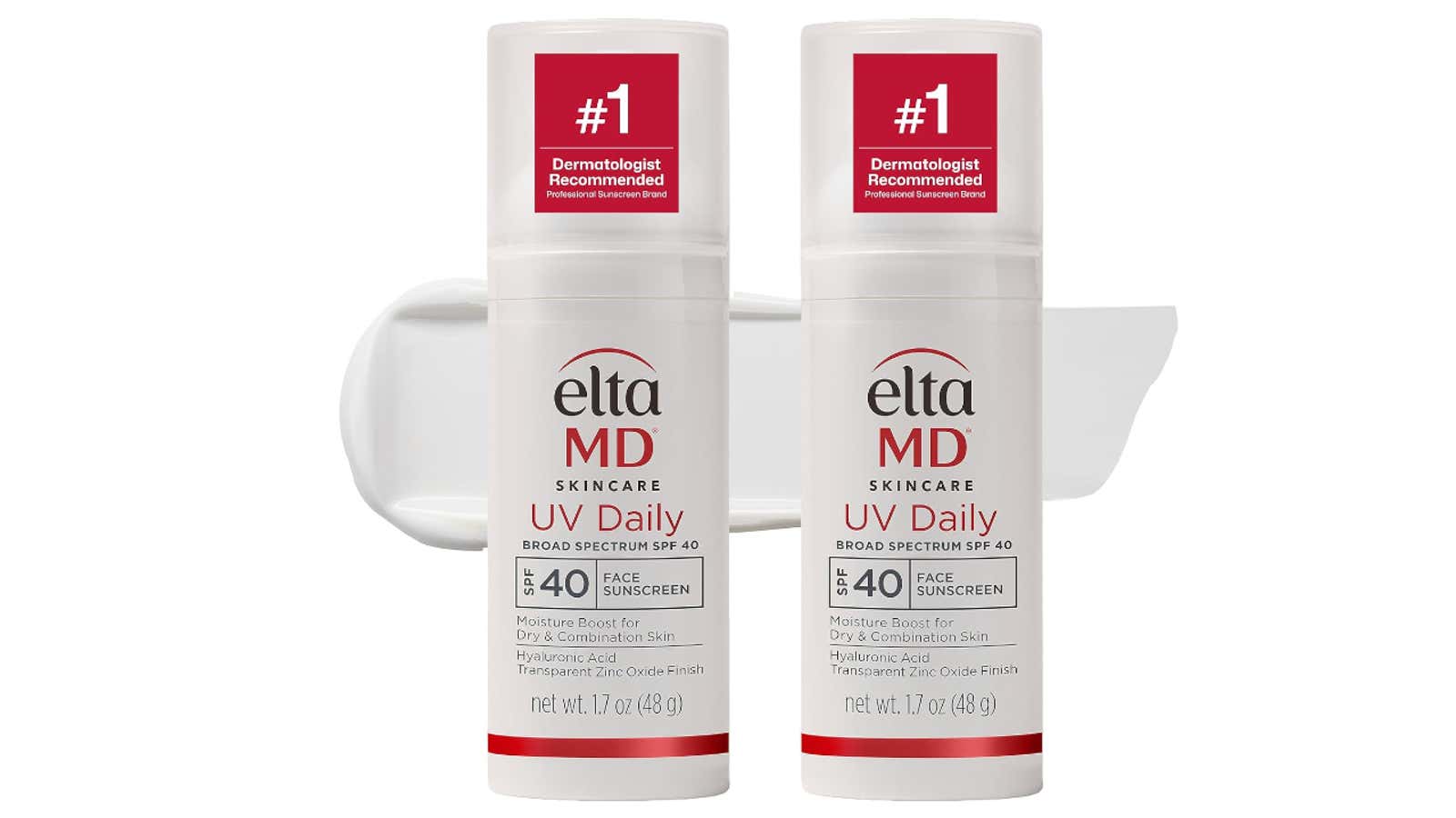 Two bottles of EltaMD UV Daily SPF 40 sunscreen with "#1 Dermatologist Recommended" labels positioned in front of a white coffee mug