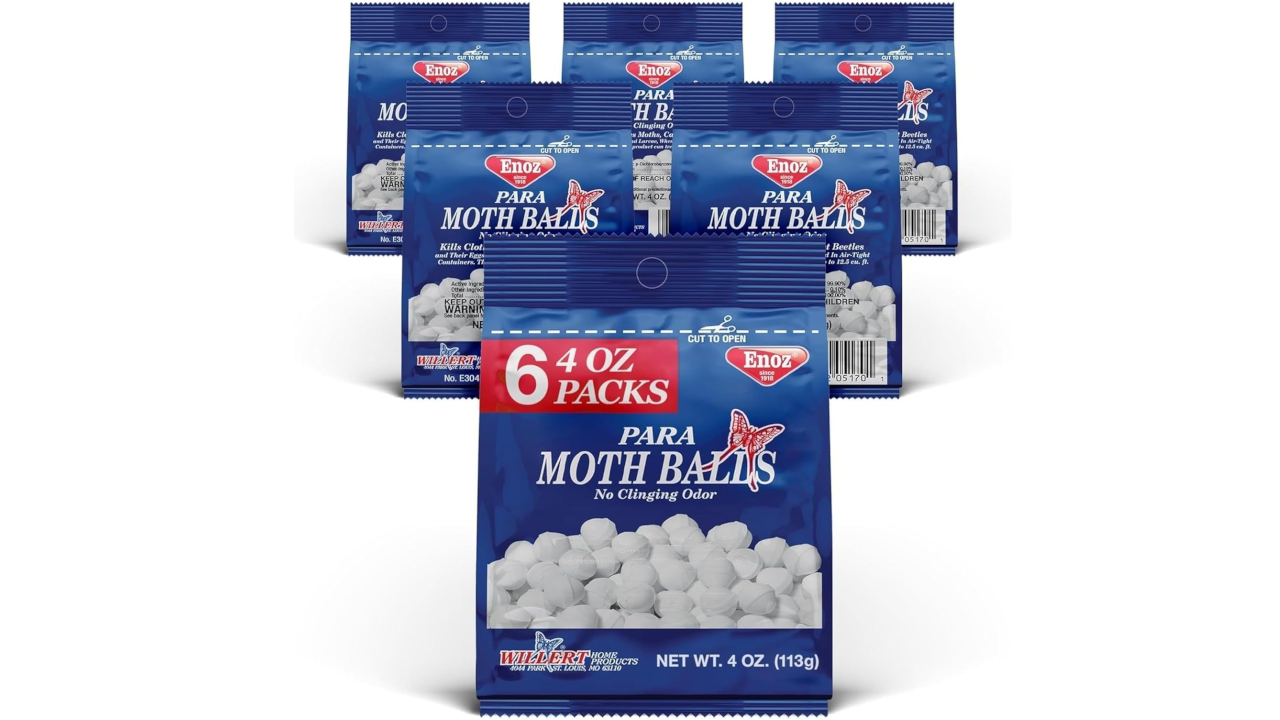 Six blue 4 oz packages of Enoz Para Moth Balls with butterfly logo, arranged in a triangular stack
