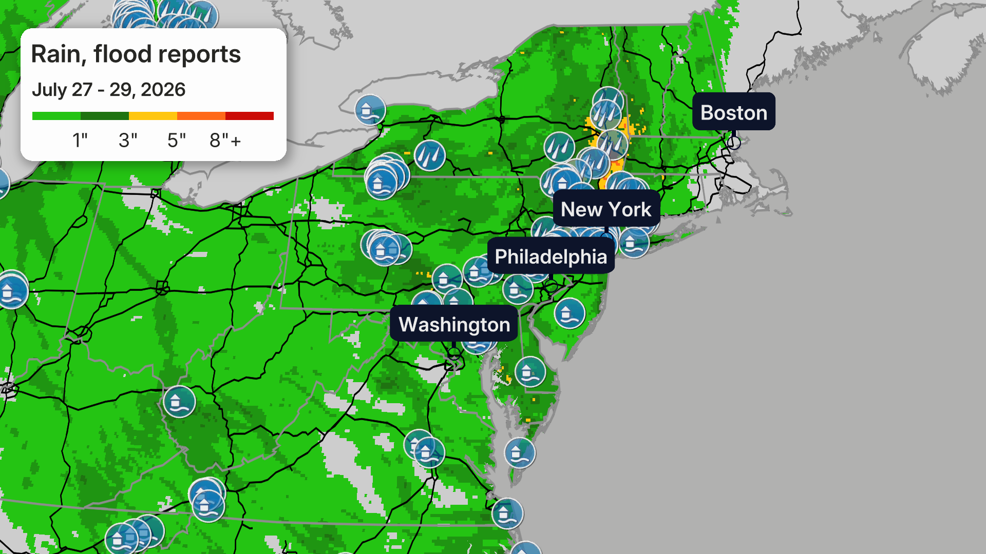 Observed rainfall, flood reports