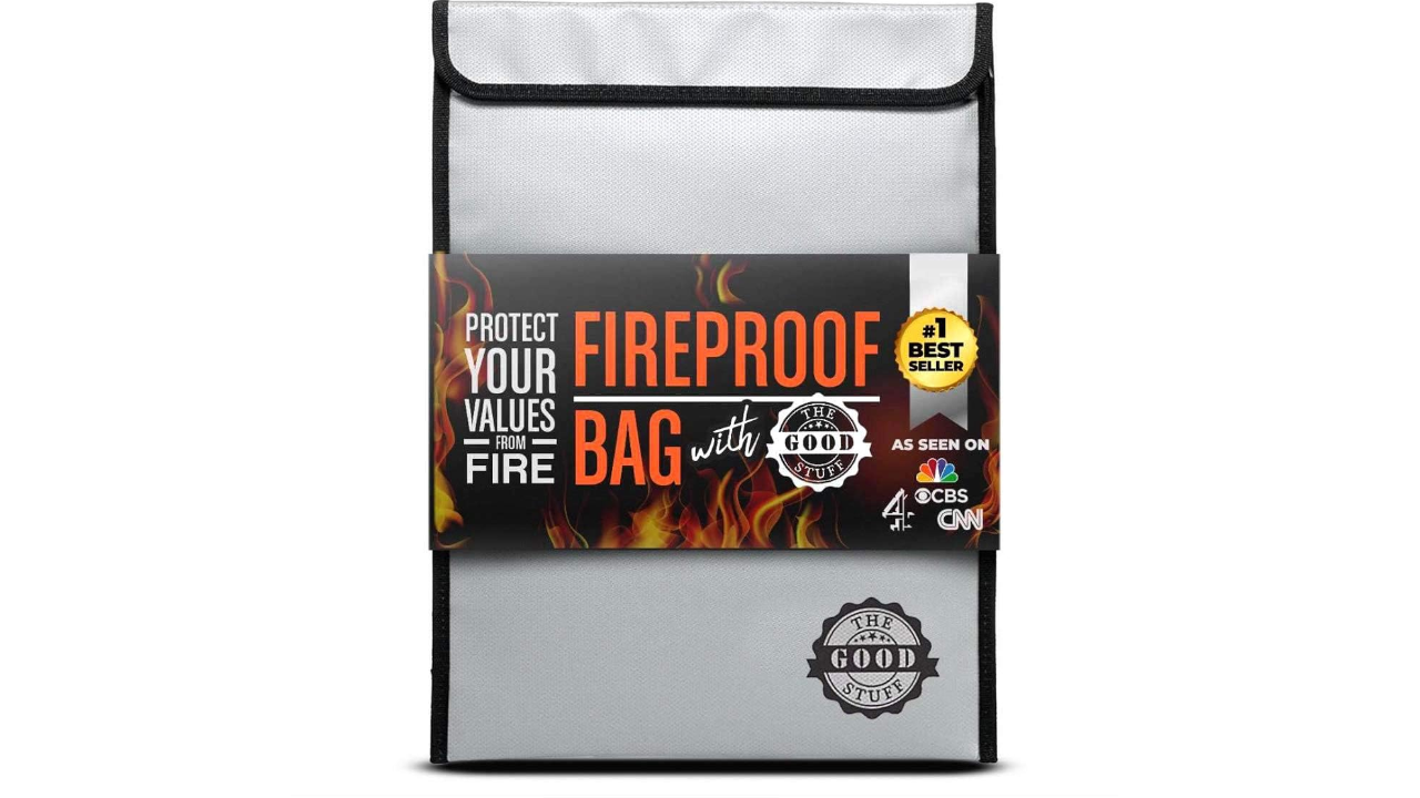 Gray fireproof storage bag with black trim and a branded label
