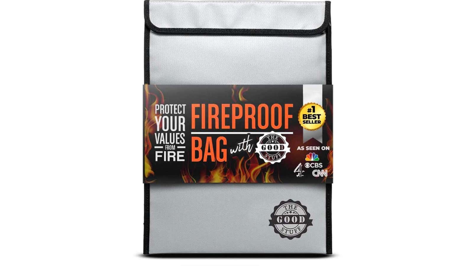Gray fireproof storage bag with black trim and a branded label