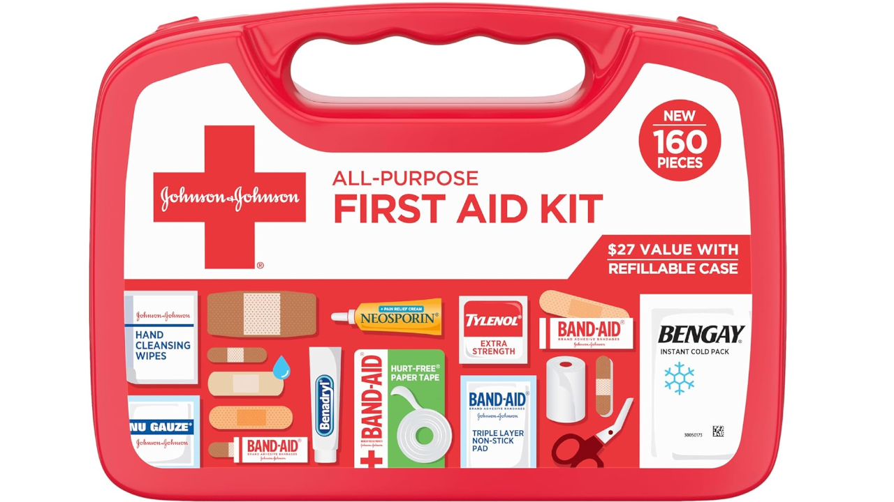 Johnson & Johnson all-purpose first aid kit in red carrying case containing 160 pieces including bandages, gauze, antiseptic wipes, and medical supplies