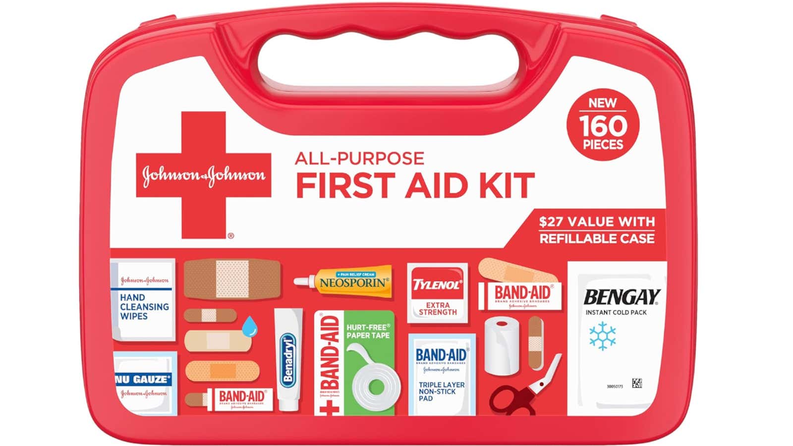 Johnson & Johnson all-purpose first aid kit in red carrying case containing 160 pieces including bandages, gauze, antiseptic wipes, and medical supplies