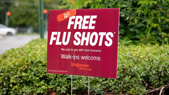 A Walgreens sign advertising free flu shots is seen outside a store in Chicago, Illinois on August 9, 2026.