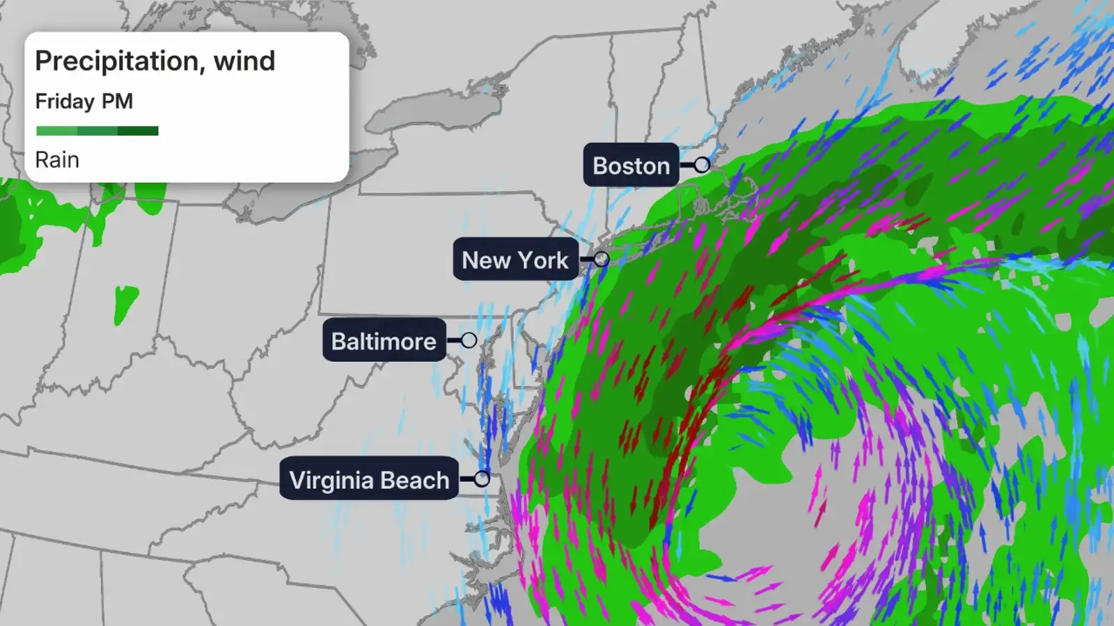 Weather map showing precipitation and wind forecast for Friday PM along the US East Coast, with a swirling storm system offshore near New York and Boston