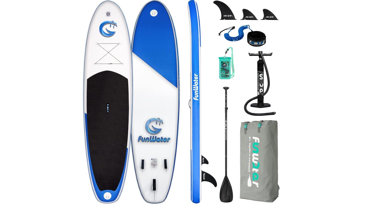 White and blue inflatable stand-up paddleboard with FunWater branding displayed alongside complete accessory kit including paddle, pump, fins, leash, waterproof bag, and carrying case