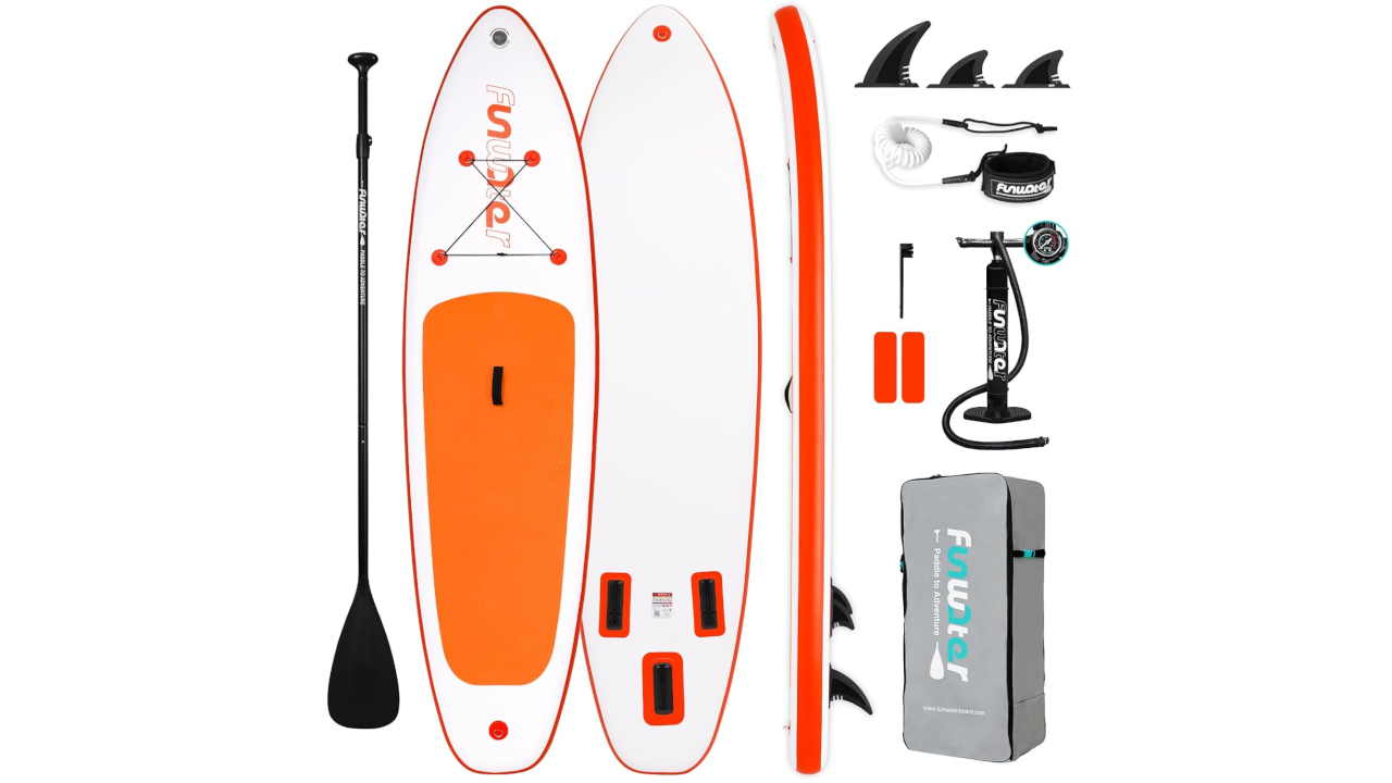 White and orange inflatable paddleboard with black paddle and complete accessory kit including pump, fins, leash, and carrying bag