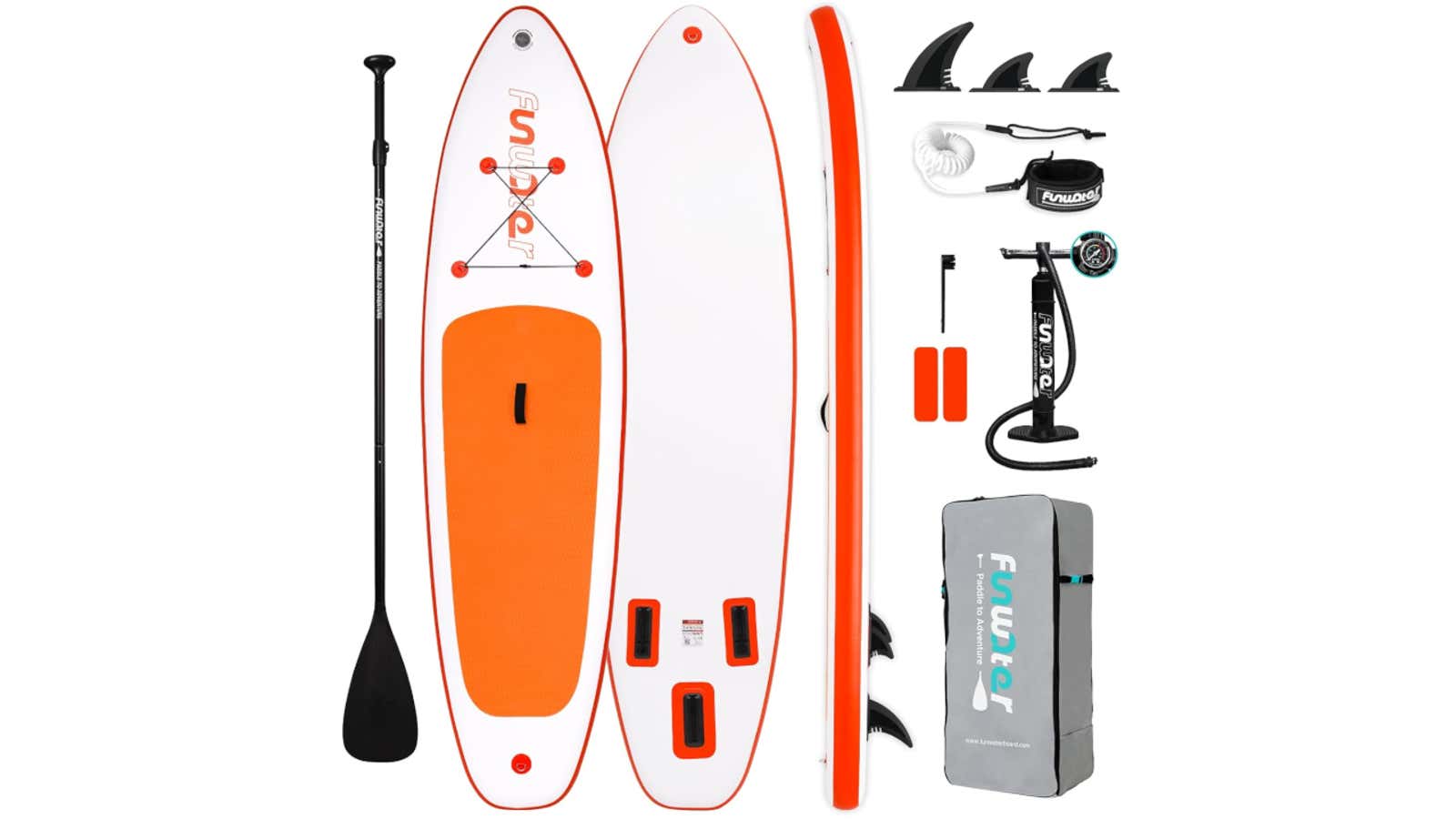 White and orange inflatable paddleboard with black paddle and complete accessory kit including pump, fins, leash, and carrying bag