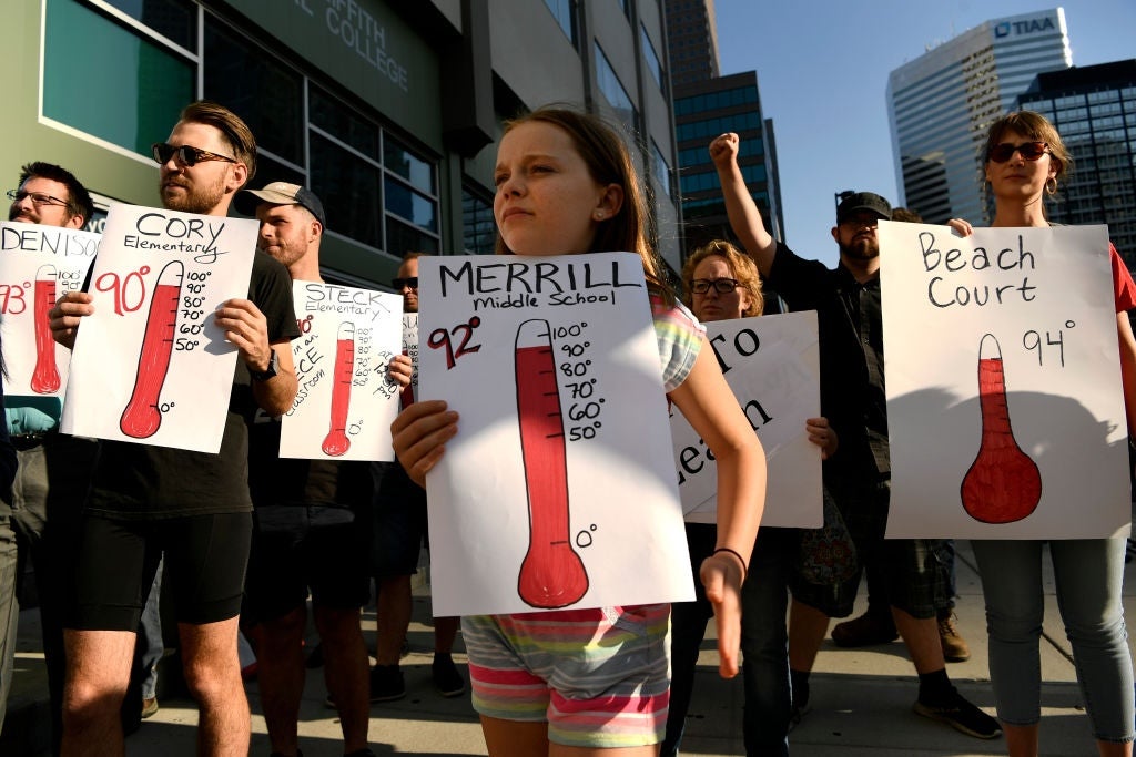 Denver area students and teachers gather to protest hot classrooms in 2019.