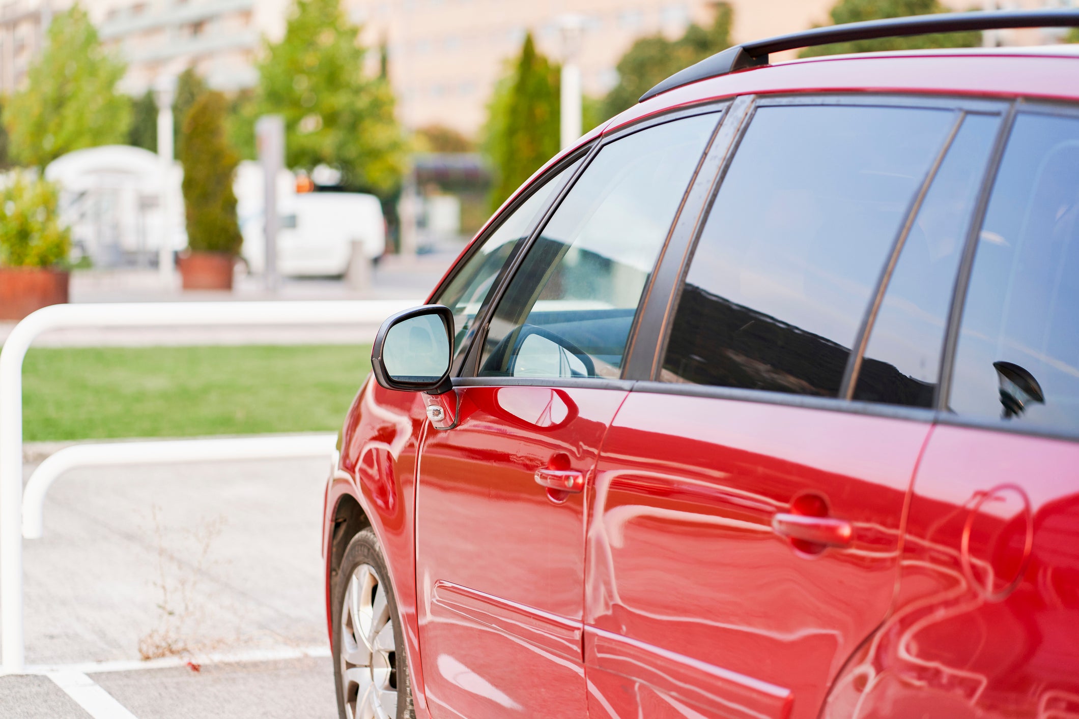 This image shows a parked car. Even on "cooler" days, the inside of a car can heat quickly.